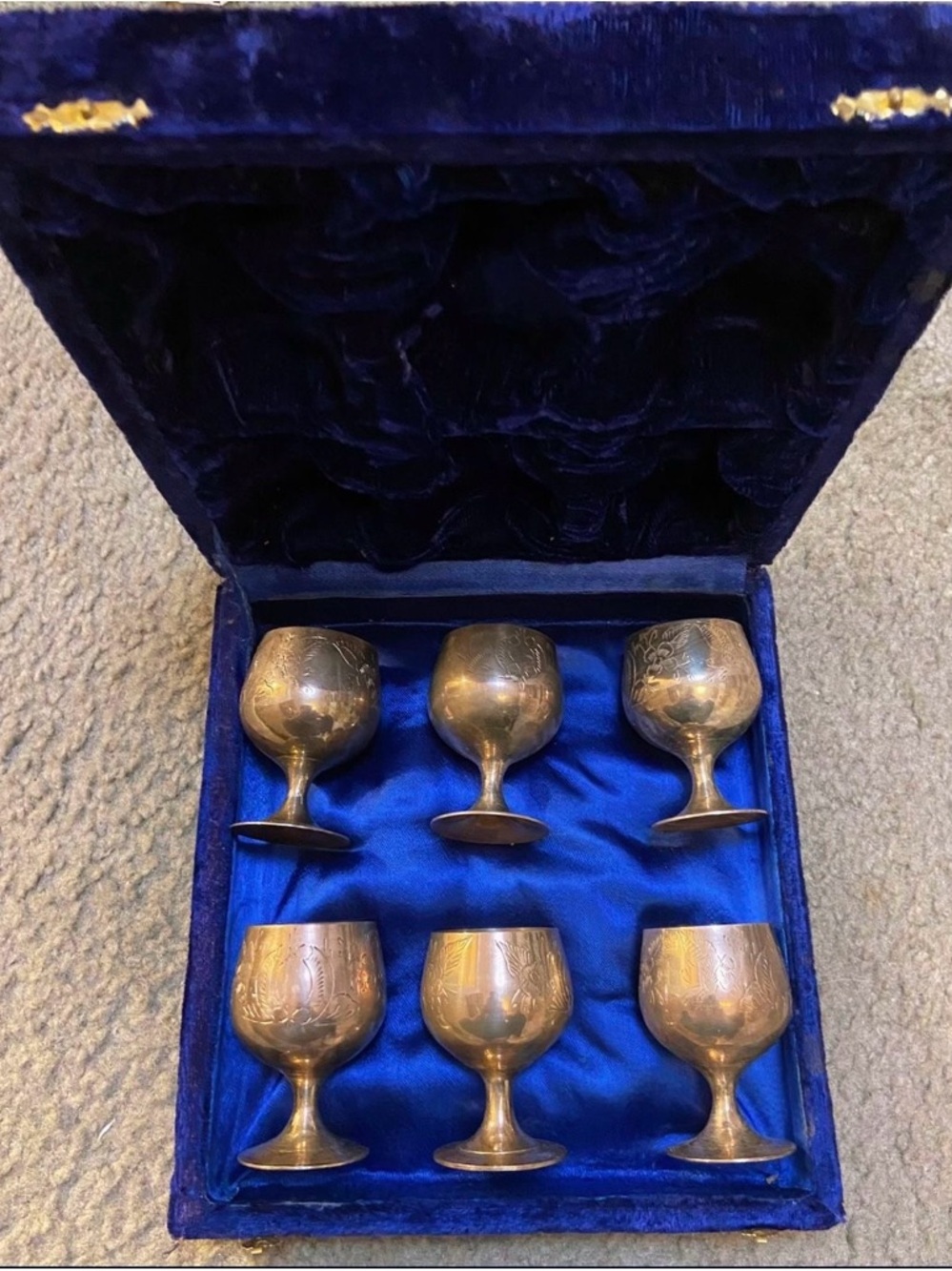 Vintage Brass Goblet Set - 6-Piece in Deep Blue Velvet Case